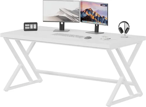 Miniatura 5 de LVB Escritorio Moderno Blanco para Computadora, Escritorio Industrial Largo para Oficina en Casa para Estudiante, Escritorio Grande de Metal y Roble