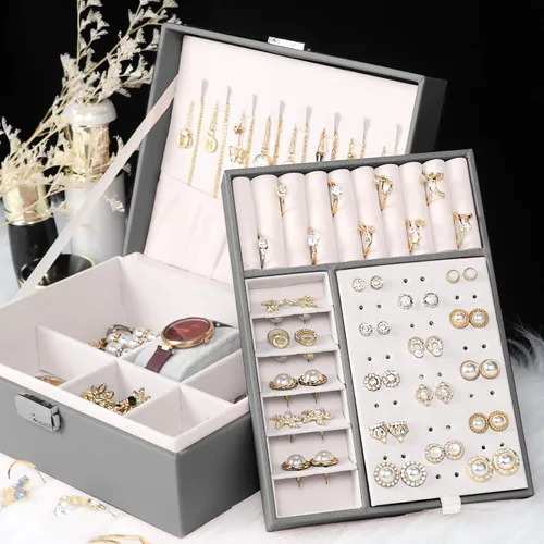 Miniatura 13 de Joyero para mujeres y niñas, contenedor organizador de joyas de 2 capas con cerradura, estuche de almacenamiento de piel sintética con bandeja