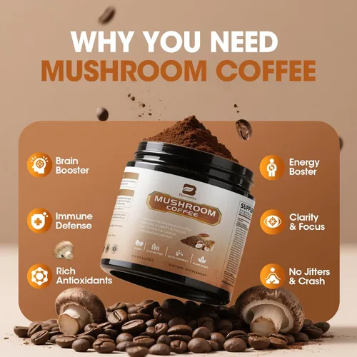 Miniatura 2 de B BEWORTHS Café en polvo de hongos con aceite MCT, 10 hongos melena de león, cola de pavo, reishi, cordyceps y chaga - Café instantáneo de hongos