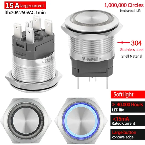 Miniatura 3 de Interruptor de botón de cierre de 15 amperios, 22 mm, 12 V CC, DPST, luz LED ojo de ángel, acero inoxidable 304, impermeable IP67 con enchufe