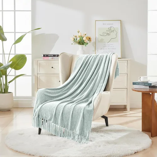 Miniatura 2 de CozeCube Manta de felpilla para sofá, acogedora manta decorativa de felpa azul bebé con borlas de flecos, manta ligera para cama, sofá, regalo