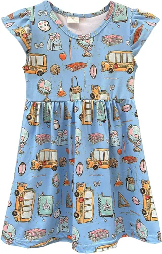 Miniatura 11 de Vestidos de regreso a la escuela para niñas pequeñas: manzana, lápices, ratón de biblioteca, autobús escolar, pegamento, telurión, pizarra arcoíris