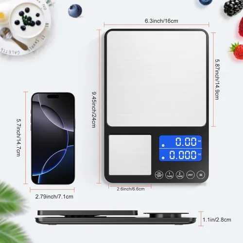 Miniatura 9 de KUAIVO Báscula de cocina de doble plataforma de 0.001 onzas / 33 libras, báscula digital de alimentos con dos superficies de precisión, pantalla