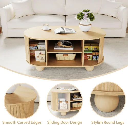 Miniatura 6 de Mesa auxiliar rectangular, mesas de centro acanaladas para sala de estar, mesa de centro de mediados de siglo con almacenamiento y puertas Natural