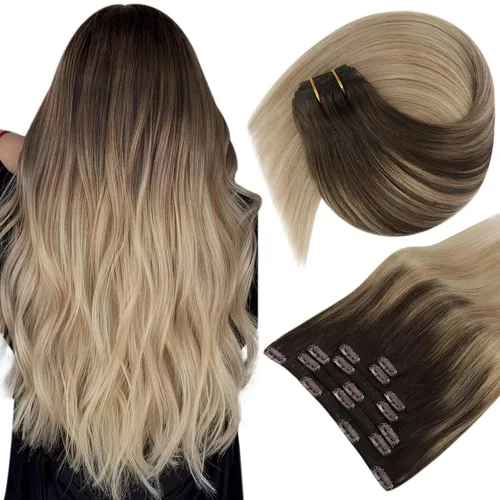 Miniatura 24 de Ve Sunny Extensiones de cabello clip-in de cabello humano real con reflejos, extensiones de cabello con clip para cabello corto, marrón oscuro