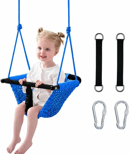 Columpio para niños, hecho a mano, de red, con cuerda ajustable, columpios de árbol para niños, patio trasero, patio trasero, columpios para Azul