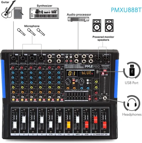 Miniatura 2 de Pyle Mezclador de audio estilo consola de 8 canales con Bluetooth - Controlador de sonido DJ, 4 entradas XLR / combinado, salida sub, +48V Phantom