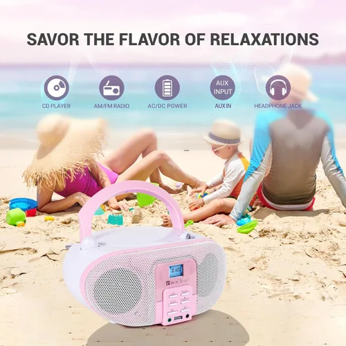 Miniatura 2 de SingingWood - Reproductor de CD portátil Boombox (rosa) - Altavoz Bluetooth de la serie Macarons con radio FM, USB, entrada auxiliar y conector