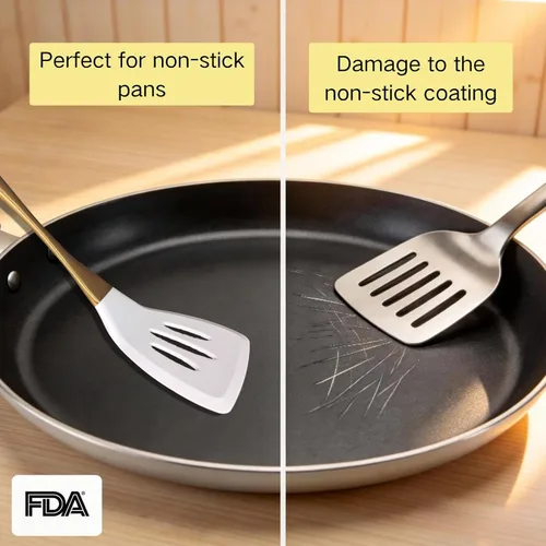 Miniatura 4 de Elegante juego de utensilios de cocina de silicona de oro blanco, no tóxicos, aptos para lavavajillas, con asas cómodas resistentes al calor