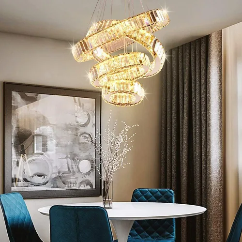 Miniatura 2 de Candelabro LED de 4 anillos para comedor, moderna lámpara de cristal colgante, lámparas de techo alto para dormitorio, sala de estar, comedor