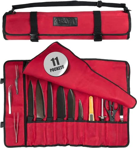 Miniatura 9 de Asaya - Bolsa enrollable de lona para cuchillos de chef - 10 ranuras para cuchillos y un gran bolsillo con cremallera - Funda duradera de lona