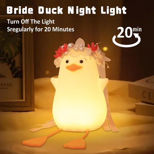 Miniatura 4 de Benson Luz Nocturna de Pato Novia - Lámpara de Pato Linda con Tocado de Flores, Luz Cálida Regulable y Temporizador para Habitación, Cumpleaños