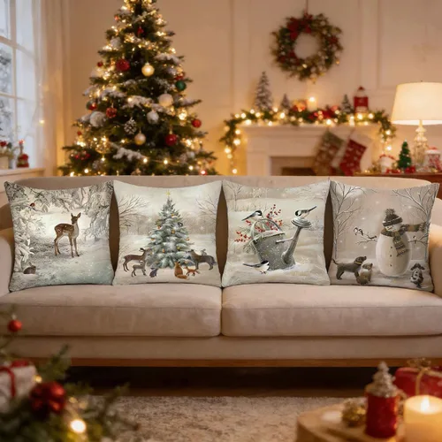 Miniatura 9 de Funda de Almohada Decorativa de Animales Navideños - 18 x 18 Pulgadas Funda de Almohada de Mascota Muñeco de Nieve Jarrón Ciervo Perro Conejo Pájaro