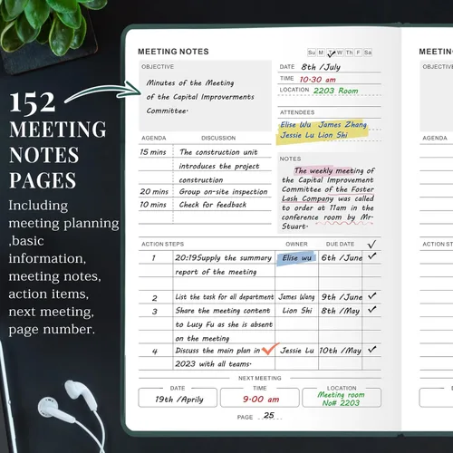 Miniatura 4 de JUBTIC Cuaderno de reuniones para el trabajo con artículos de acción, planificador de proyectos de cuero, cuaderno de notas de reuniones