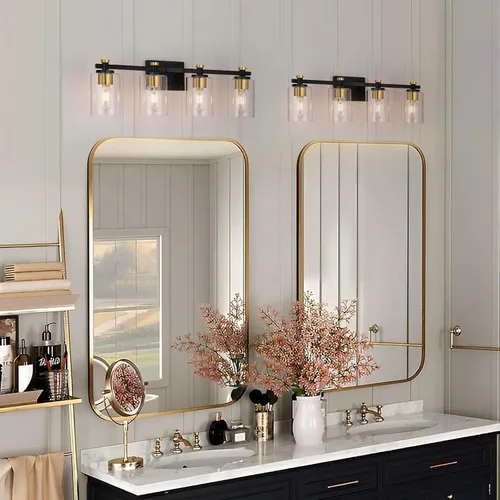 Miniatura 2 de Lámpara de Tocador de Baño de 3 Luces, Accesorios de Iluminación de Baño Negro con Pantalla de Globo de Vidrio Transparente, Aplique de Pared Negro