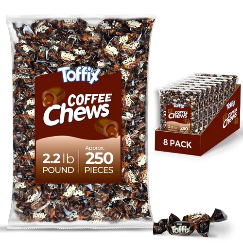 Toffix Golosinas de café masticables, rellenas en el centro, caramelos suaves y masticables envueltos individualmente, 250 piezas de snacks para