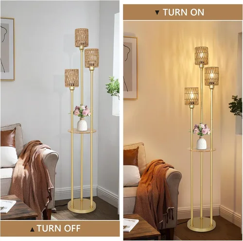 Miniatura 7 de Lámpara de pie bohemia con estantes, lámpara de pie alta de granja de 3 luces con interruptor de pie de encendido/apagado, lámparas de pie modernas