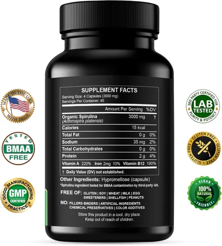 Miniatura 2 de Cápsulas de espirulina en polvo de 3000 mg – Algas azules verdes no irradiadas más puras – La mejor proteína vegana cruda – Superalimento verde