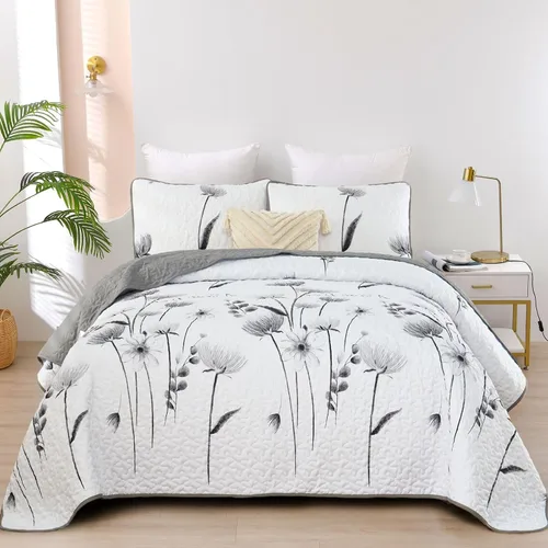 Miniatura 16 de Dinjoy Juego de colcha floral tamaño Queen, colcha azul agua tamaño Queen de 3 piezas, juego de ropa de cama ligera de estilo granja, colcha