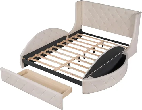 Miniatura 4 de Cama de plataforma tapizada tamaño Queen, muebles de dormitorio, marco de cama de madera de pino con cajón, taburetes de almacenamiento laterales