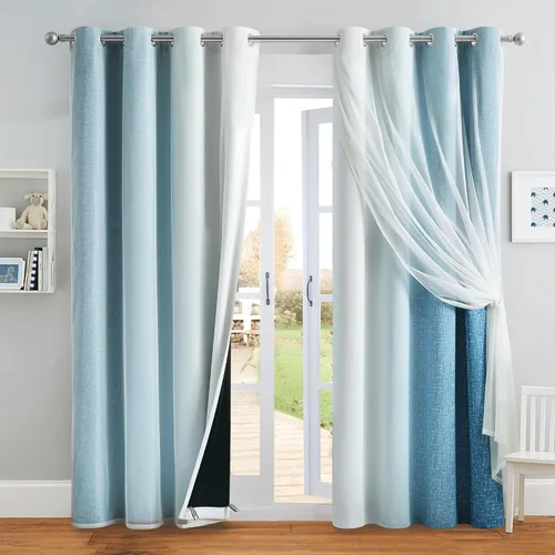 Miniatura 32 de Cortinas 100% opacas con superposición de gasa Mix and Match de doble capa, 54 pulgadas de largo, 2 paneles para dormitorio y sala de estar, azul