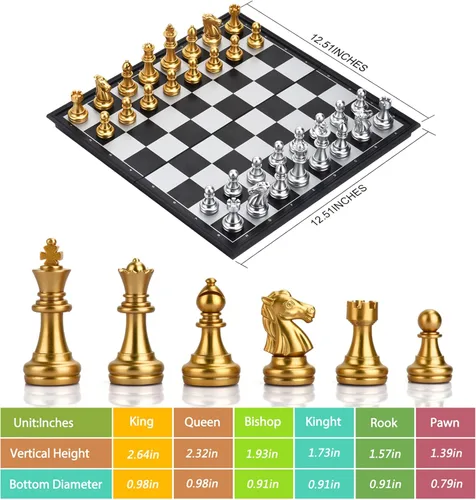 Miniatura 2 de Juego de mesa de backgammon magnético 3 en 1 con tablero plegable de 12.5 pulgadas para niños y adultos (Ajedrez: oro y plata)