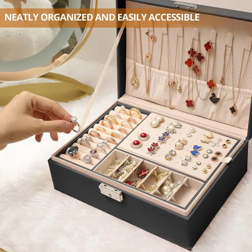 Miniatura 3 de Sanikeon Cajas de joyería para mujeres y niñas 2 capas organizador de joyas caja de cuero con cerradura caja de almacenamiento de joyas bandeja