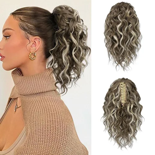 Miniatura 8 de Flufymooz Extensión de cola de caballo, extensión de cola de caballo corta de 12 pulgadas con pinza de garra, cabello ondulado rizado, clip