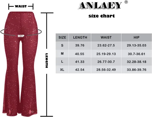 Miniatura 7 de Anlaey Pantalones de baile de malla transparente para rave, con lentejuelas brillantes, acampanados, cintura alta, para festivales, clubes, trajes