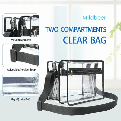 Miniatura 4 de Metaverse Bolsa cruzada transparente de doble bolsillo aprobada por el estadio, bolsa de mensajero transparente para hombres y mujeres, trabajo