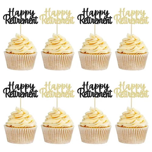 Miniatura 9 de Gyufise Decoración negra para cupcakes con purpurina para jubilados, decoración de pasteles para fiestas de jubilación, paquete de 36