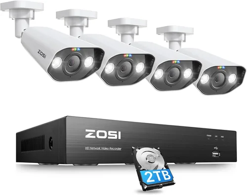 ZOSI Sistema de cámara de seguridad PoE 4K, detección de personas y vehículos, NVR de 8 puertos 16CH 8MP con disco duro de 2 TB, 4pcs cámaras IP PoE