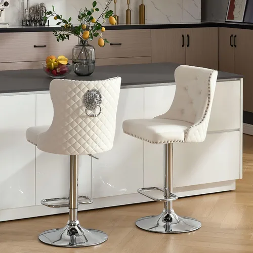 Miniatura 8 de Taburetes de bar negros juego de 2 sillas de cocina giratorias de terciopelo con respaldo alto acolchado, taburetes dorados modernos tapizados
