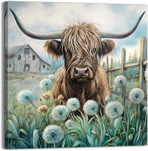 YUEYARIT Decoración de pared de vaca de las tierras altas de granja en verde azulado y marrón: imagen rústica de vaca y diente de león, impresión de