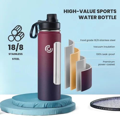 Miniatura 3 de Botella de agua deportiva de 22 onzas, botella de agua aislada con asa, acero inoxidable, simple y moderna, adecuada para viajes, escuela, niño