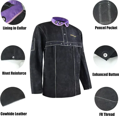 Miniatura 7 de Chaqueta de cuero de la soldadura, abrigo de la seguridad del soldador, mangas del cabo con delantal del babero, resistente al calor y Negro