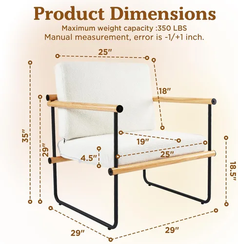 Miniatura 2 de Silla decorativa de tela Boucle de 29 pulgadas para dormitorio, sillón moderno para sala de estar, sillón de lectura tapizado con brazos de metal