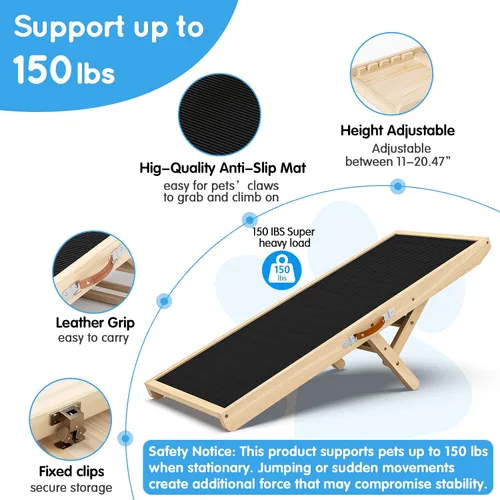 Miniatura 4 de Rampa para perros con alfombrilla de silicona antideslizante, rampas de madera de 39 pulgadas para perros pequeños, soporta hasta 100 libras, altura