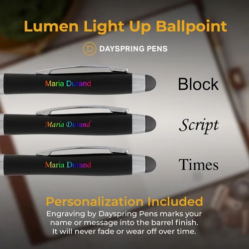 Miniatura 3 de Dayspring Pens Lumen Light-Up - Bolígrafo grabado con lápiz capacitivo, negro, grabado iluminado con pantalla de luz multicolor, acción de clic
