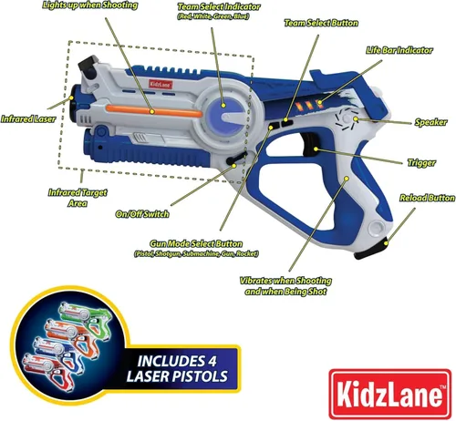 Miniatura 4 de Kidzlane Juego de 4 pistolas láser para niños y adultos, juego de etiquetas láser infrarrojo con rango de 130 pies, 4 modos de equipo y pistola