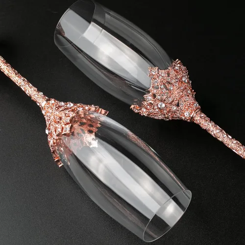 Miniatura 4 de Copas de champán - Juego de 2 pares de flautas de champán con base de metal de cristal y piedras de cristal, para brindis, aniversarios, bodas, Oro