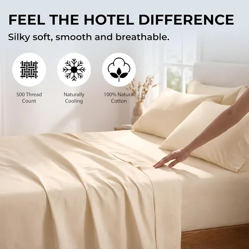 Miniatura 7 de Sábanas de Cama de Algodón 100% Natural Juego de Sábanas Cal King de Tejido Satén de Una Sola Capa 500 TC Ropa de Cama Sólida Suave e Crema Beige