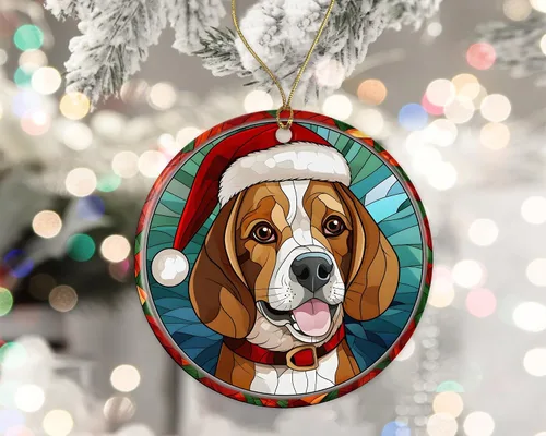 Miniatura 2 de Beagle - Adorno de cerámica con vitrales de Navidad, adorno colgante para árbol de Navidad, regalo religioso para cristianos impreso en ambos lados