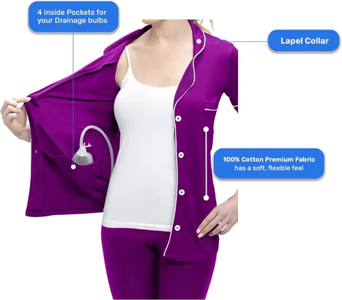 Miniatura 2 de USBD Camisa de recuperación de cirugía posterior a la mastectomía, cuello de solapa con bolsillos de drenaje