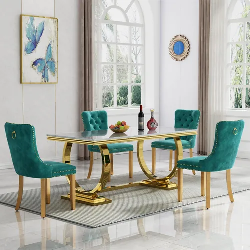Miniatura 23 de HomVent Juego de mesa de comedor moderna de mármol sintético para 4 personas, mesa de cocina rectangular con 4 sillas beige (dorado)