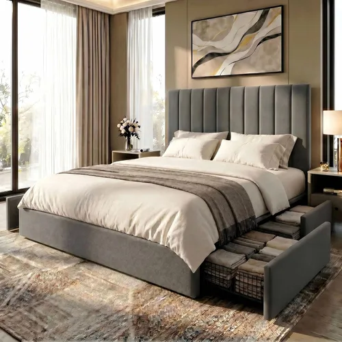 Miniatura 14 de SHA CERLIN Base de cama de plataforma tamaño matrimonial con 4 cajones de almacenamiento, cabecera acolchada vertical con diseño acanalado