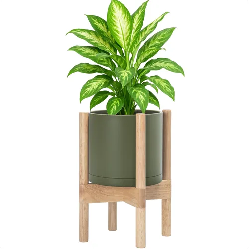 Miniatura 28 de Maceta de D'vine Dev con soporte - Maceta de flores de cilindro de plástico de 8.0 pulgadas con soporte de madera para interiores, maceta mate negra