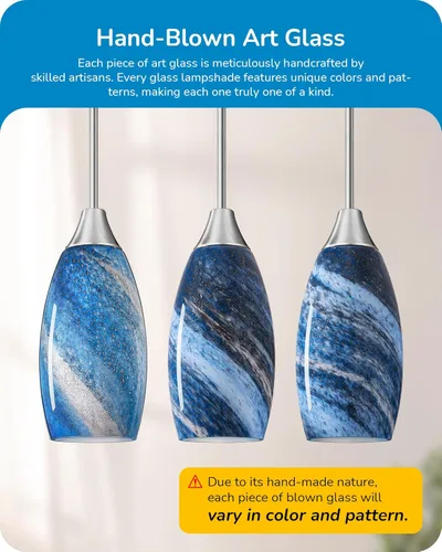 Miniatura 2 de EDISHINE Lámparas Colgantes, Lámpara Colgante de Vidrio Artístico Hecha a Mano con Acabado de Níquel Cepillado, Casquillo E26, Luz Colgante de Azul