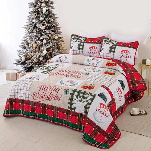 Miniatura 2 de Menghomeus Juego de edredón de Navidad tamaño king reversible, colcha a cuadros, rojo y verde, con retazos, juego de edredón de Navidad, árbol