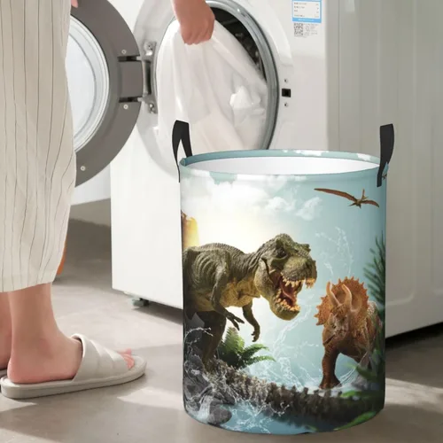 Miniatura 7 de Cesta de lavandería de dinosaurio 3D con asa duradera, impermeable, plegable, cesta de almacenamiento de ropa sucia circular para baño, dormitorio